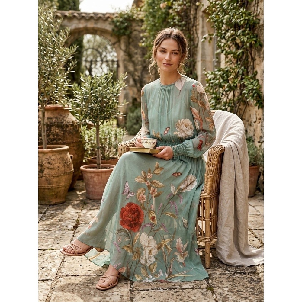 Floral Smocked Zara Green Chiffon Midi Dress Size M Medium